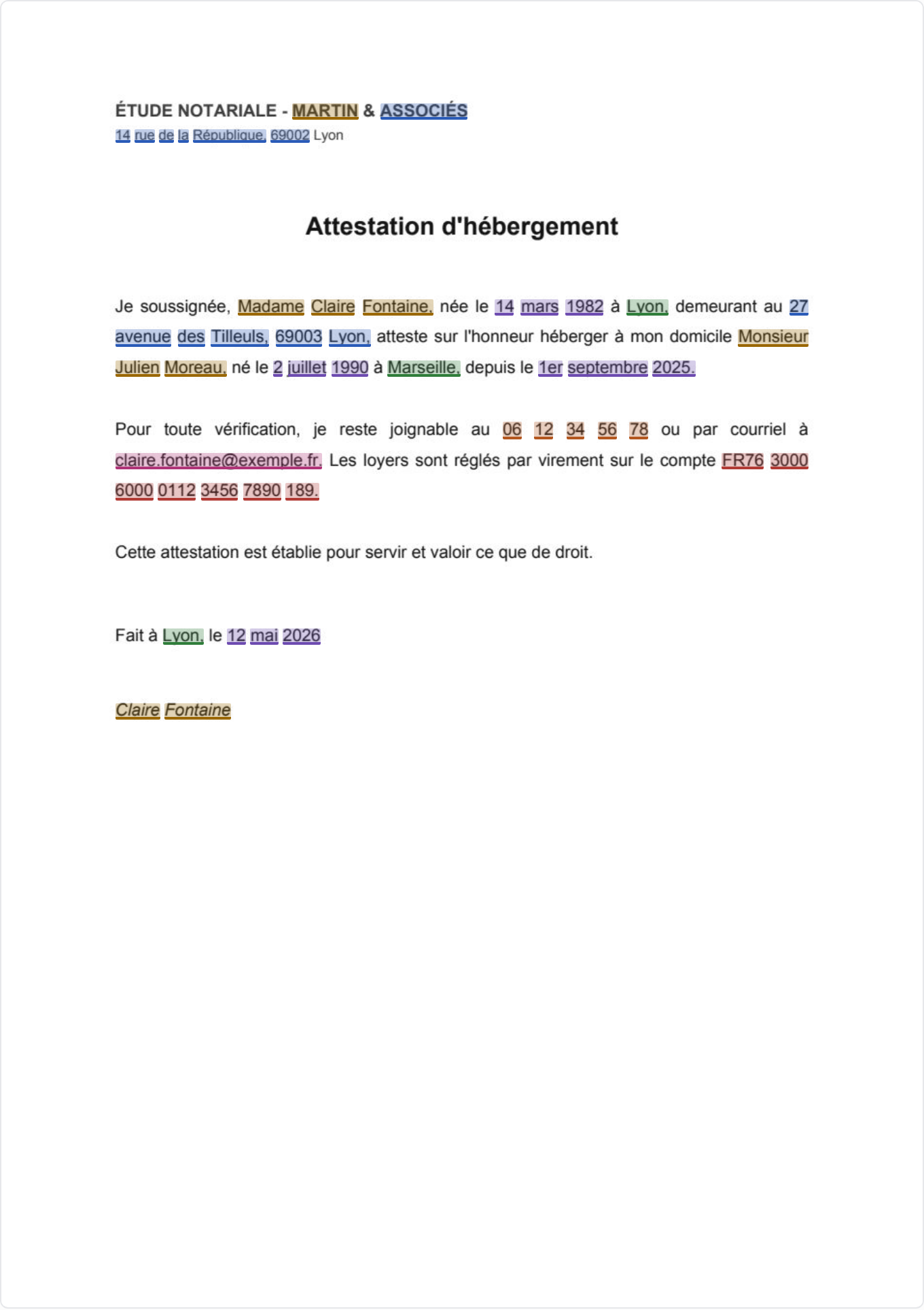 La même attestation d’hébergement avant et après caviardage : à gauche les données personnelles surlignées par catégorie, à droite des barres noires opaques. Le texte masqué est définitivement supprimé du PDF.